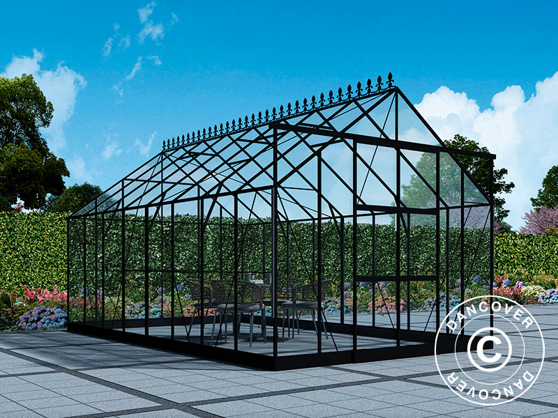 Gewächshaus aus Glas 3x4,87x2,6m mit Sockel und Krone, 14,61m², Schwarz – Image 3