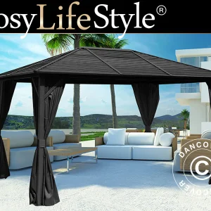 Pavillon San Luis Alu+ mit Vorhängen und Moskitonetz, 3x4m, Schwarz