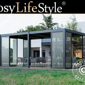 Bioklimatischer Pergola-Pavillon San Pablo Alu+ mit Schiebetüren, 4x5,8m, Schwarz