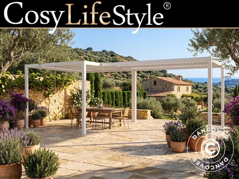 Bioklimatische Pergola Pavillon San Pablo Alu+, 3x4m, L-förmig, Weiß, 2 Stk.