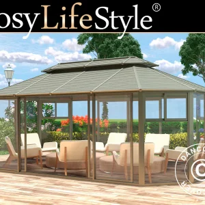 Pavillon San Bruno mit Seitenwänden aus Polycarbonat, achteckig 4,35x6,6m, Messing
